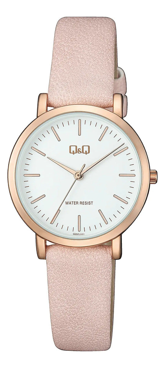 Reloj Q&q Cuero Dama 30mm Qz87j101y - Rosa