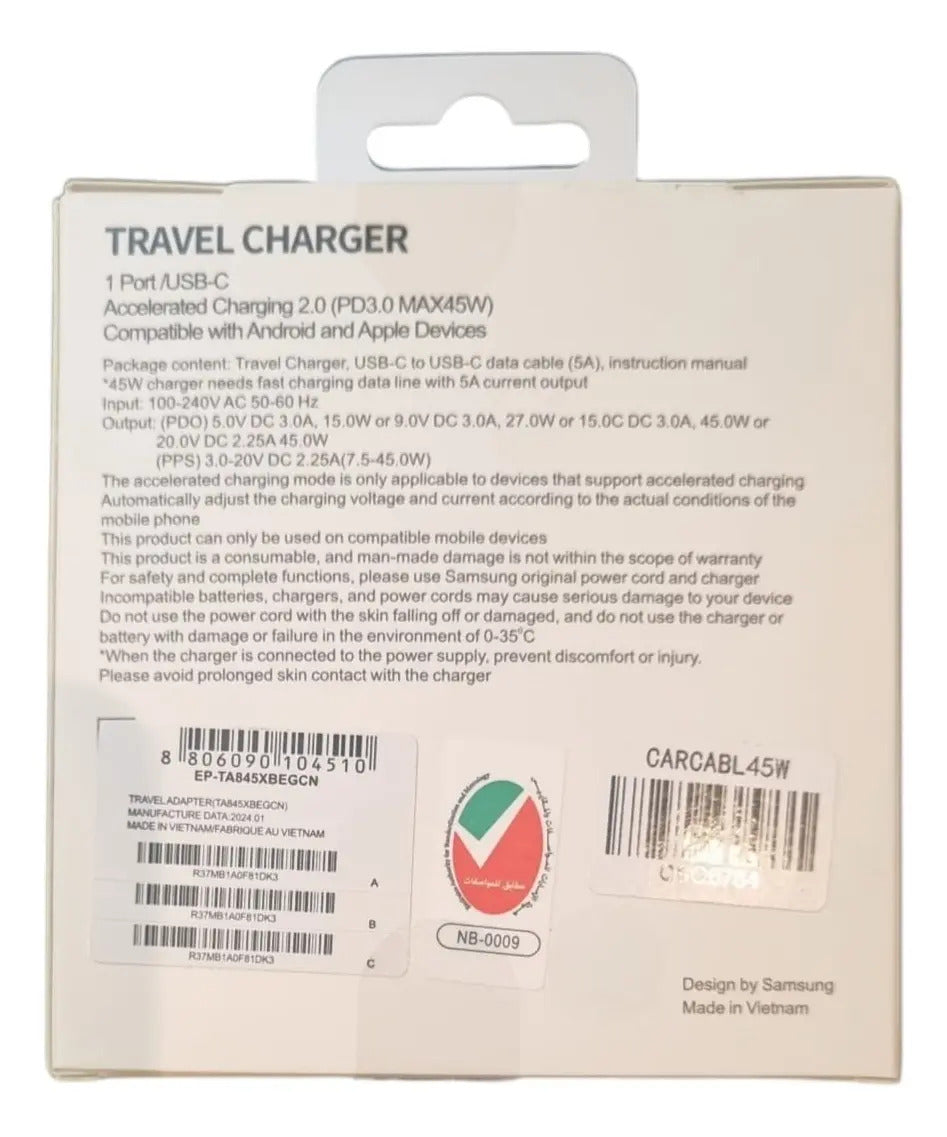 Cargador Tipo C 45w Original Samsung - Negro