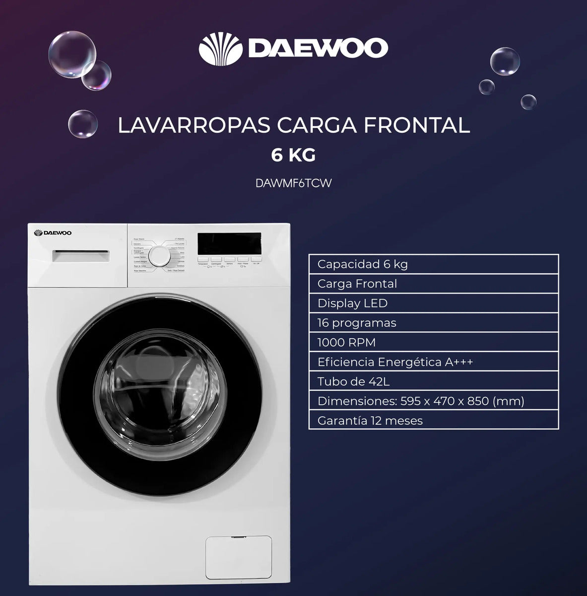 Lavarropas Daewoo Carga Frontal 6kg - Blanco