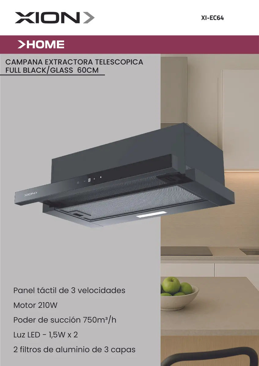 Campana Ext Telescópic Xion Full Black/glass 60cm Xi-ec64 Qo Negro