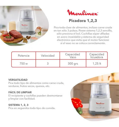 Picadora 1 2 3 Moulinex 750w Cuchilla Inox - Blanco