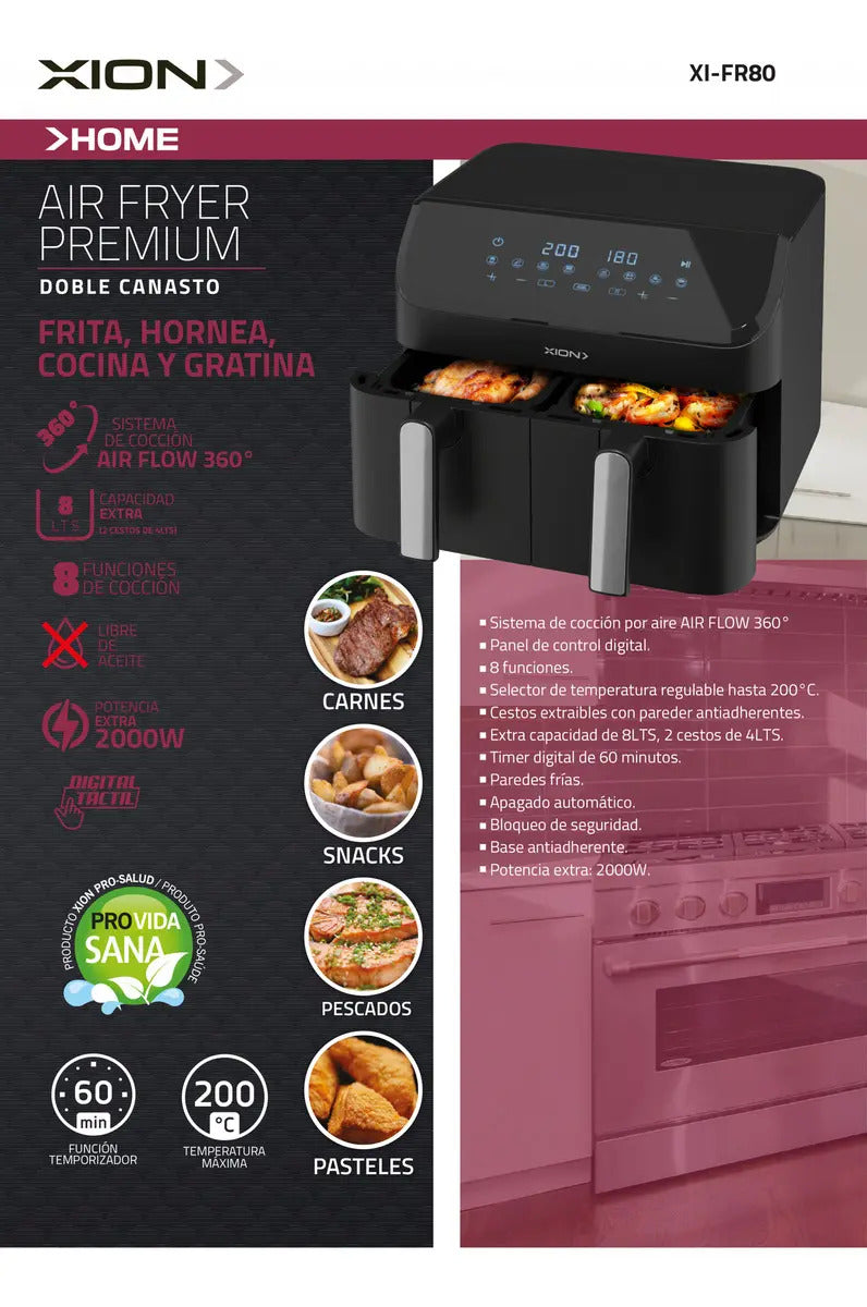Freidora De Aire Doble Cesto Xion 8 Lts Xi-fr80 - Negro