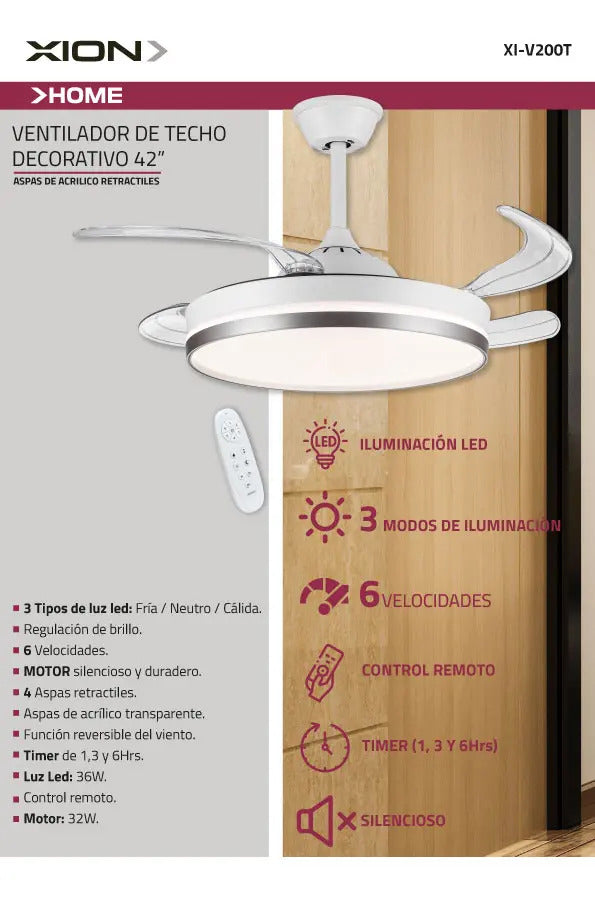 Ventilador De Techo Xion 42'' Xi-v200t - 58 Cm Blanco Transparente Plástico 4