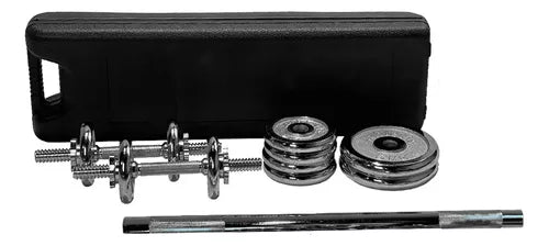 Set Mancuernas Y Barra Cromadas Con Valija 30 Kg