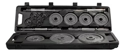 Set Mancuernas Y Barra Gris Con Valija 30 Kg