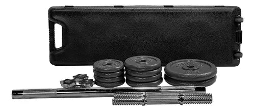 Set Mancuernas Y Barra Gris Con Valija 30 Kg