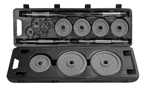 Set Mancuernas Y Barra Gris Con Valija 30 Kg