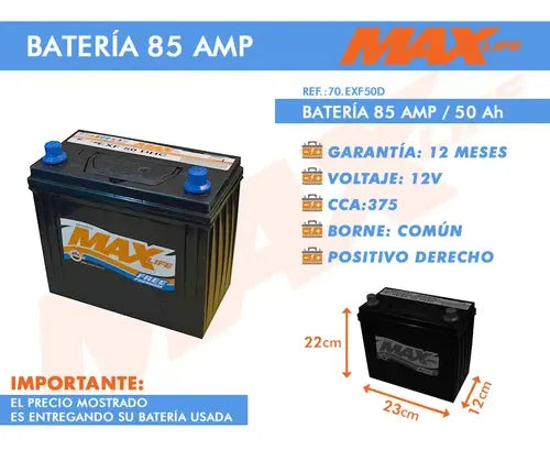 Batería Para Auto 85 Amp 238x128x227 Positivo Derecha