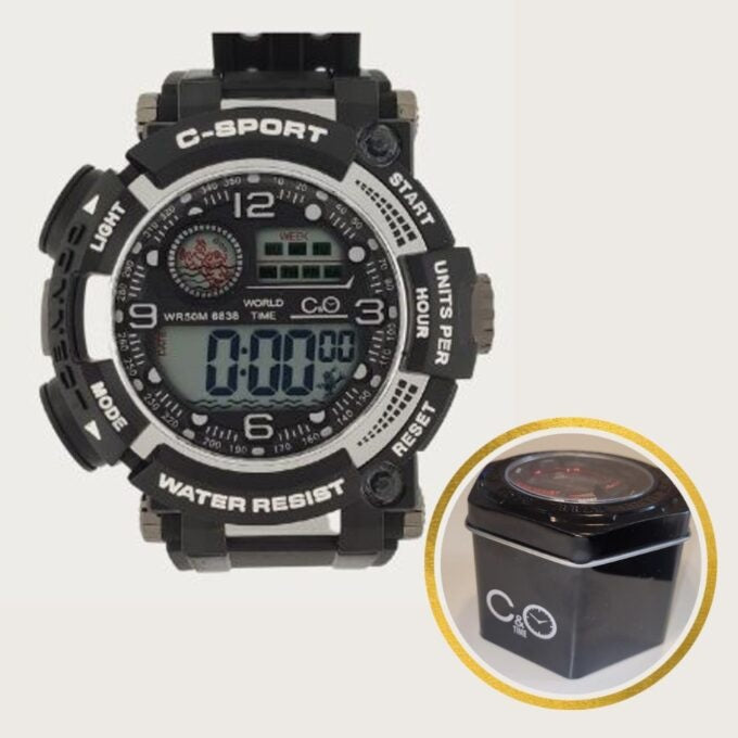 Reloj C&O Digital G-Sport Grande Negro C/Plateado + Estuche Lata
