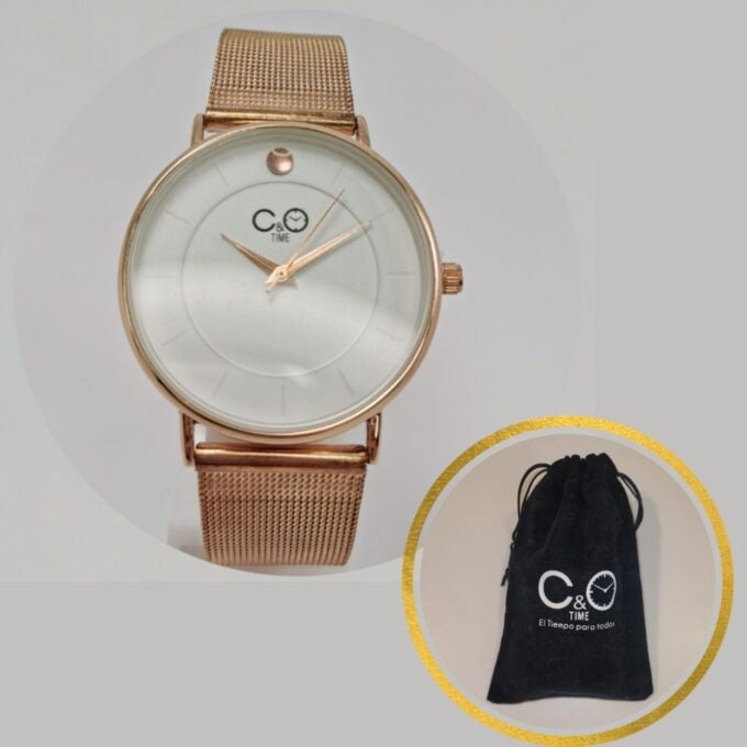 Reloj C&O Metal Pulsera Malla Cobre Esfera Lisa C/Cristal + Bolsa Pana Obsequio