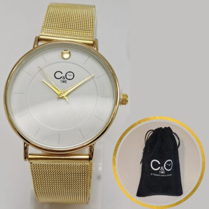 Reloj C&O Metal / Pulsera Malla Dorada Esfera Lisa C/Cristal + Bolsa Pana Obsequio