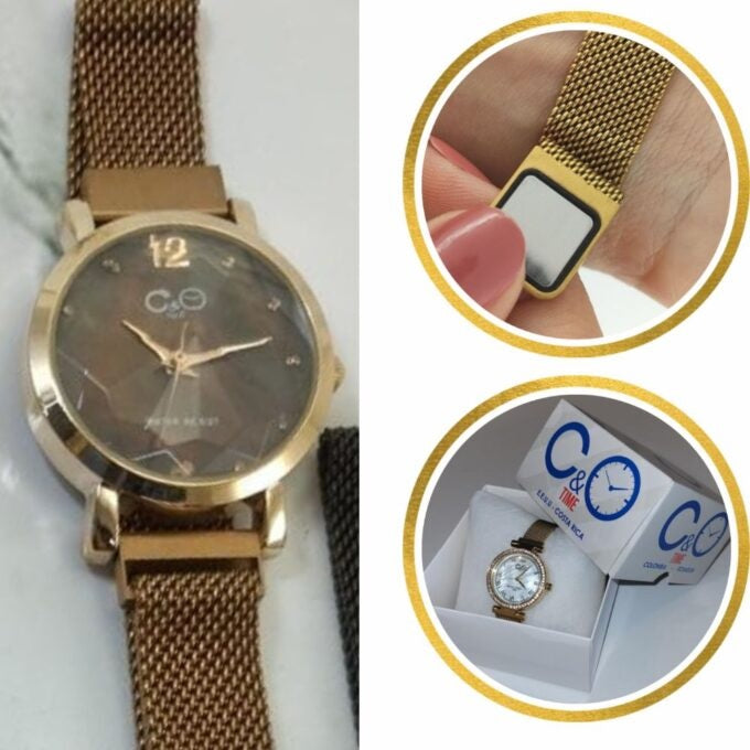Reloj C&O Metal / Pulsera Malla Imán Cobre / Chocolate Nacarada Vidrio Facetado + Caja Obsequio