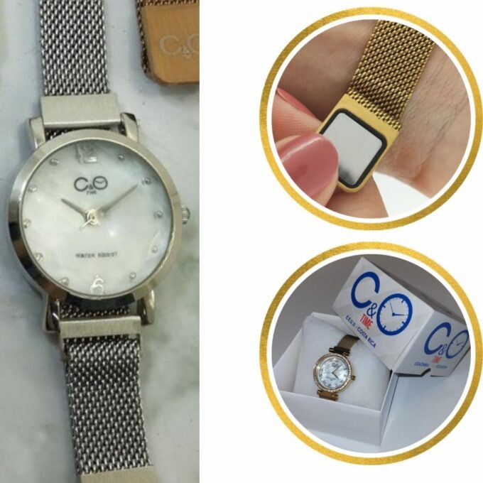 Reloj C&O Metal / Pulsera Malla Imán Plata / Nacarada Vidrio Facetado + Caja Obsequio