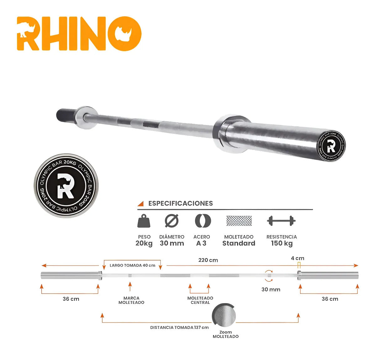 Barra Olímpica 2,2m Maciza 20kg Rhino - Plateado