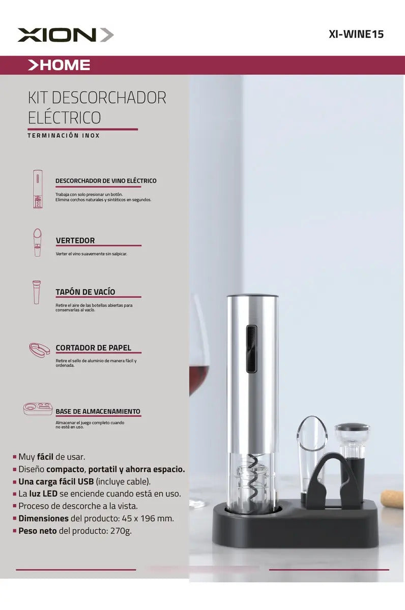 Kit Descorchador Eléctrico Recargable Xion Xi-wine15 Único