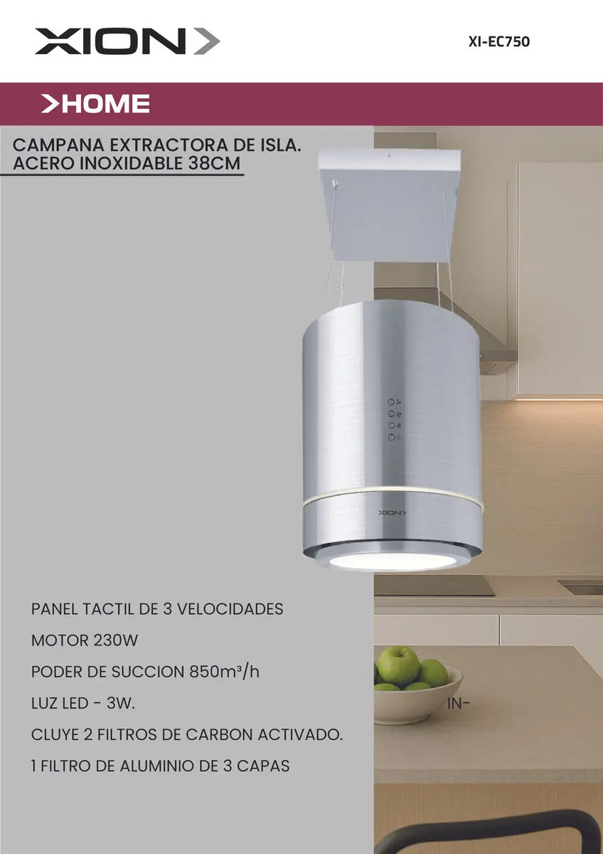 Campana Extractora Xion Isla De Inox 38cm Xi-ec750 Gris