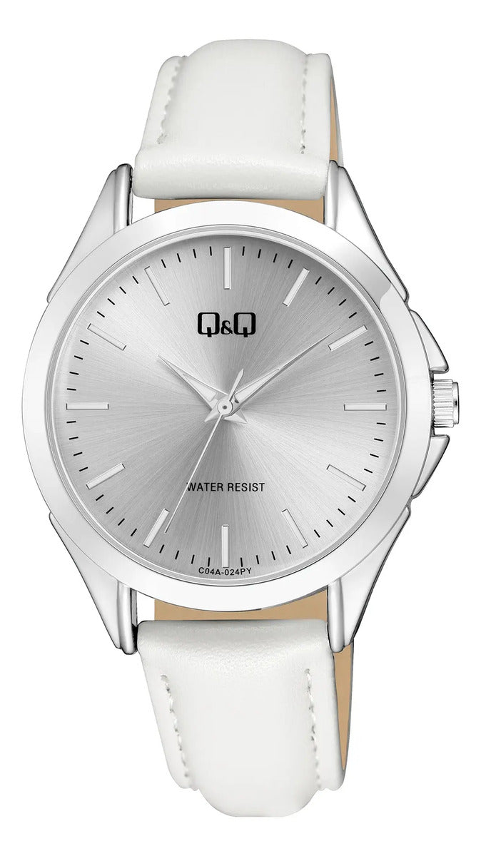 Reloj Q&q Cuero Dama 38mm C04a-024py - Blanco Plateado