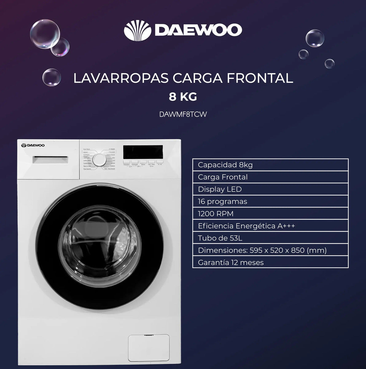 Lavarropas Daewoo Carga Frontal 8kg - Blanco