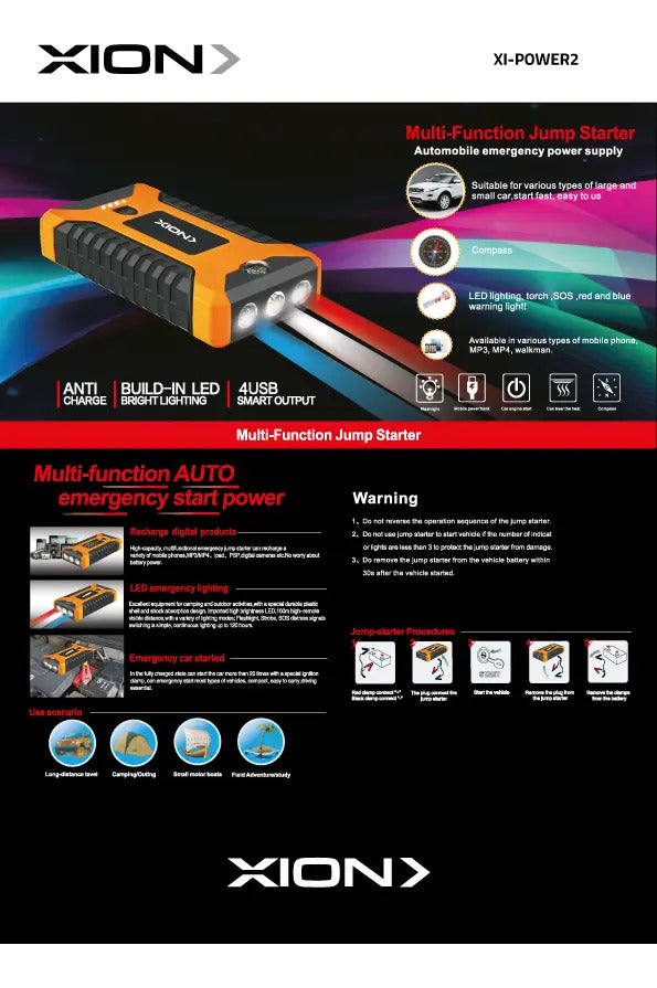 Arrancador De Auto Power Bank Y Linterna Xion Xi-power2 Qofe