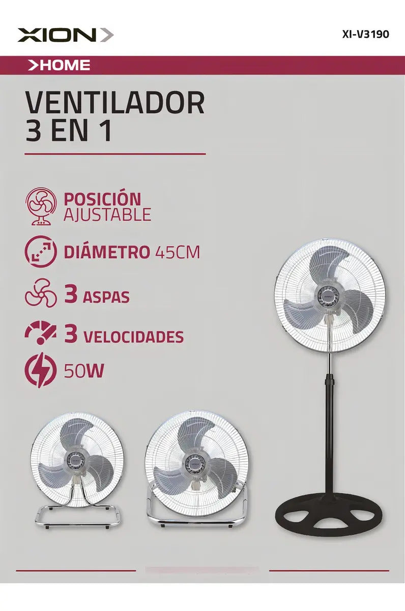 Ventilador Xion 3 En 1 Pie/turbo/pared Xi-v3190 - 1.143 M Negro Transparente Plástico 3