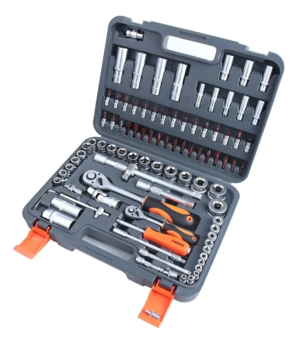Juego De Dados Tubos Finder 94pcs Encastre ½ Y ¼ Plateado