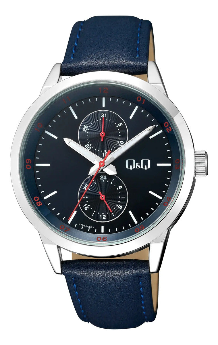 Reloj Q&q Cuero Hombre 42mm A11a-003py - Plateado