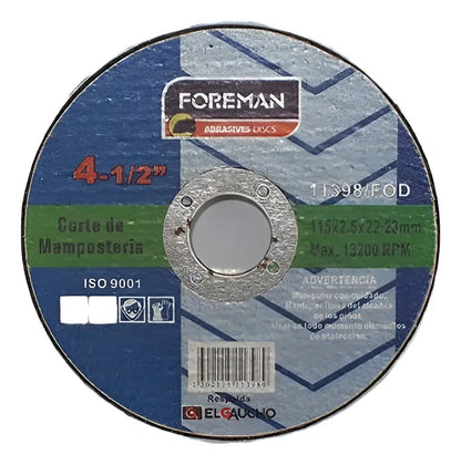 Disco Corte Mampostería Foreman115x2.5mm 41/2'' Azul