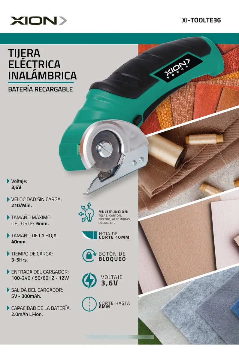 Tijera Eléctrica Textil Inalámbrica Xion Xi-toolte36 Verde