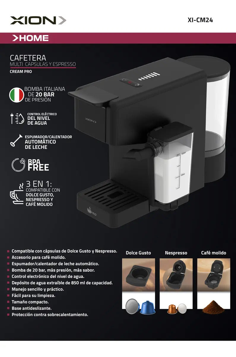 Cafetera Xion Multicápsulas Con Disp De Leche Aut Xi-cm24 Qo Negro