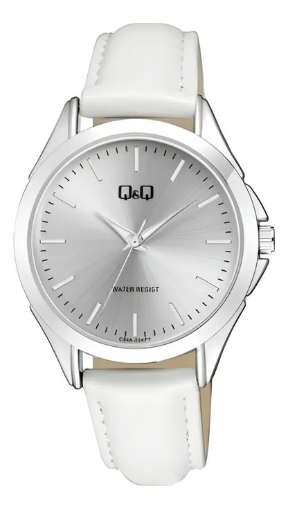 Reloj Q&q Cuero Dama 38mm C04a-024py - Blanco Plateado