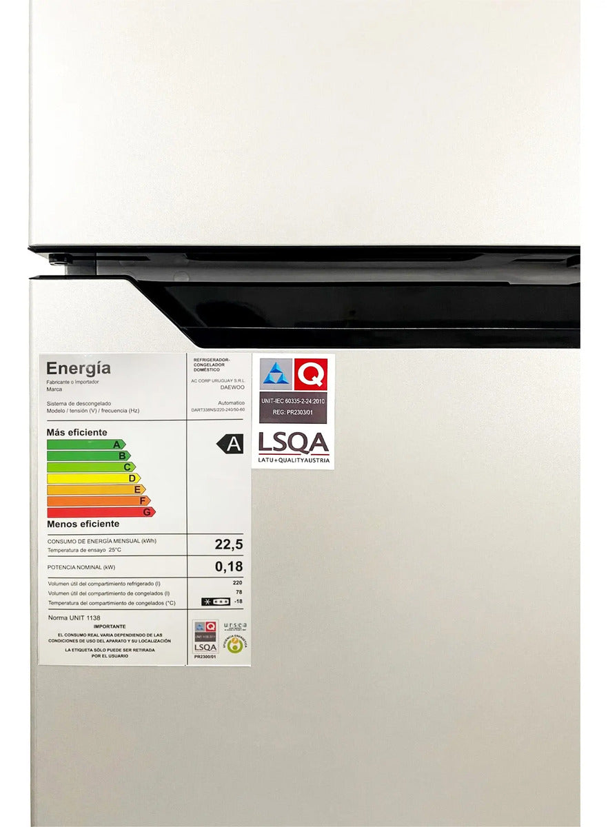 Heladera Daewoo 298 Lt Frío Seco Inverter Dart338ns Gris