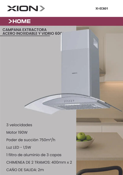 Campana Extractora Xion Inox Y Vidrio 60 Cm Xi-ec601 Gris
