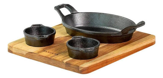 Set Hierro Salseras Y Soporte De Madera 26x