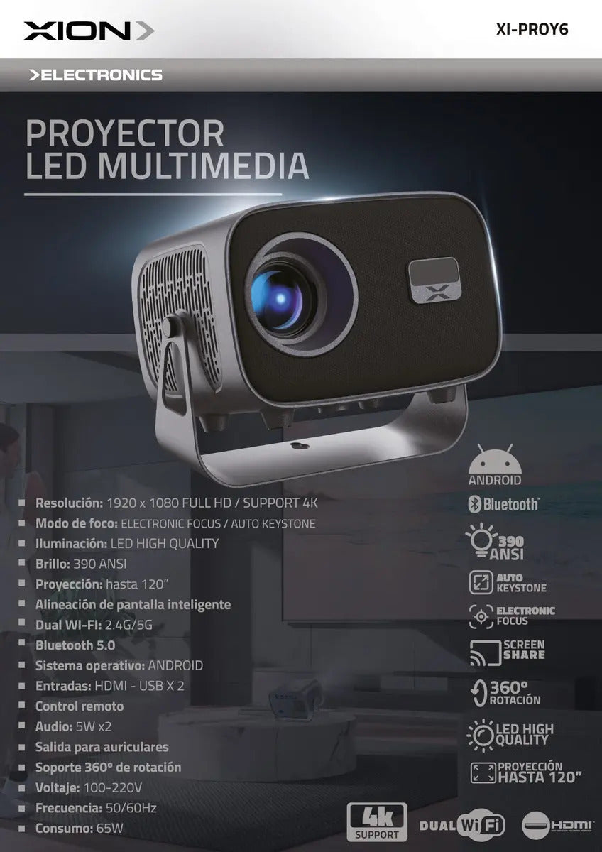 Proyector Xion Led Multimedia Smart Android Fhd Xi-proy6 Qof Negro