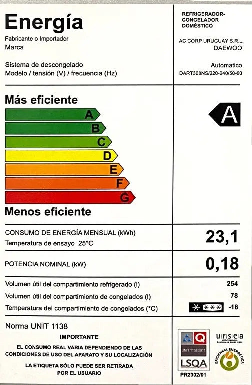 Refrigerador Inverter Daewoo 332lt Frío Seco Dart368ns Gris