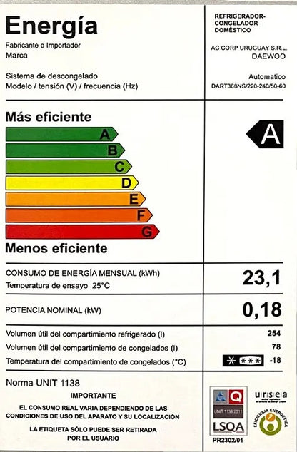 Refrigerador Inverter Daewoo 332lt Frío Seco Dart368ns Gris