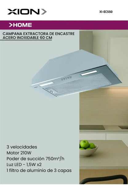 Campana Extractora De Encastre Xion 60cm Inox Xi-ec550 Gris