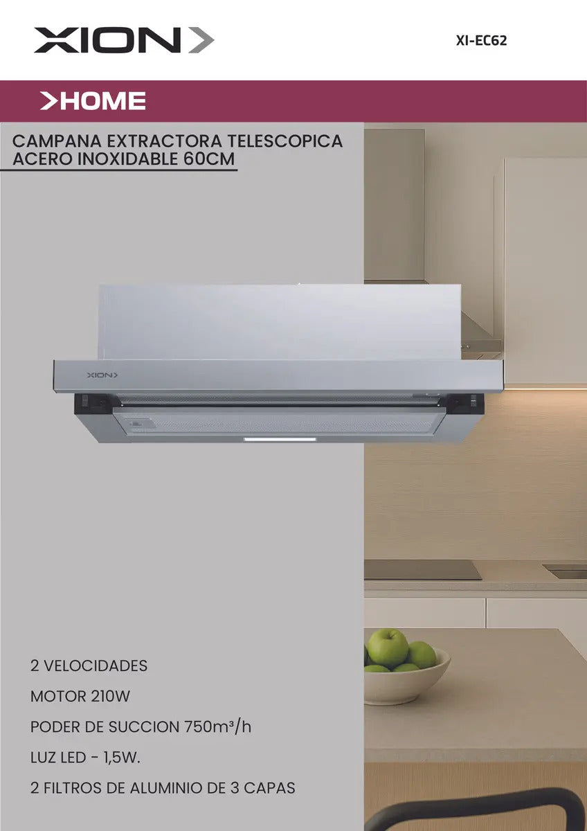Campana Extractora Telescópica Xion Inox 60 Cm Xi-ec62 Gris