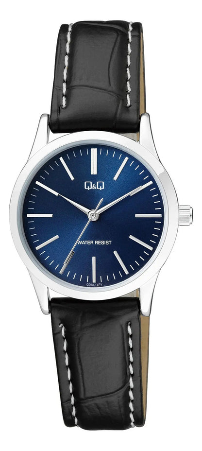 Reloj Q&q Cuero Dama 30mm C09a-014py - Negro Plateado Azul Oscuro