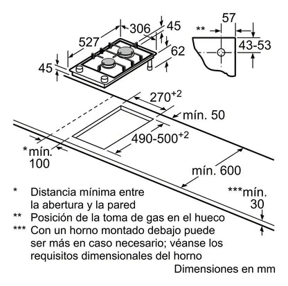 Anafe A Gas Bosch Prb3a6b70 30 Cm - Negro