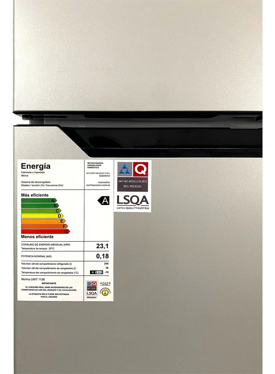 Refrigerador Inverter Daewoo 332lt Frío Seco Dart368ns Gris