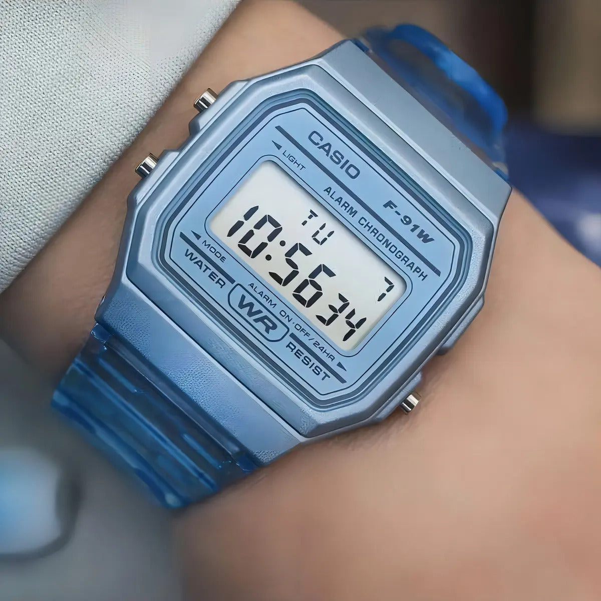 Reloj Casio Digital F-91ws-2d Digital Crono Alarma Celeste Transparente Celeste