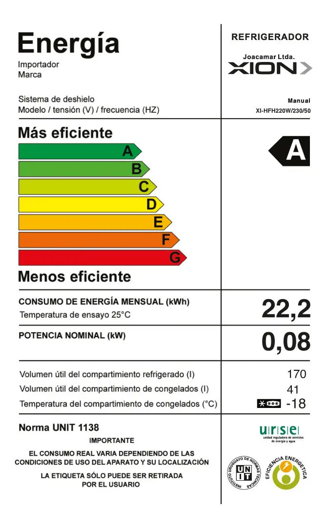 Heladera Xion Frío Natural 205 Lts Xi-hfh220w - Blanco