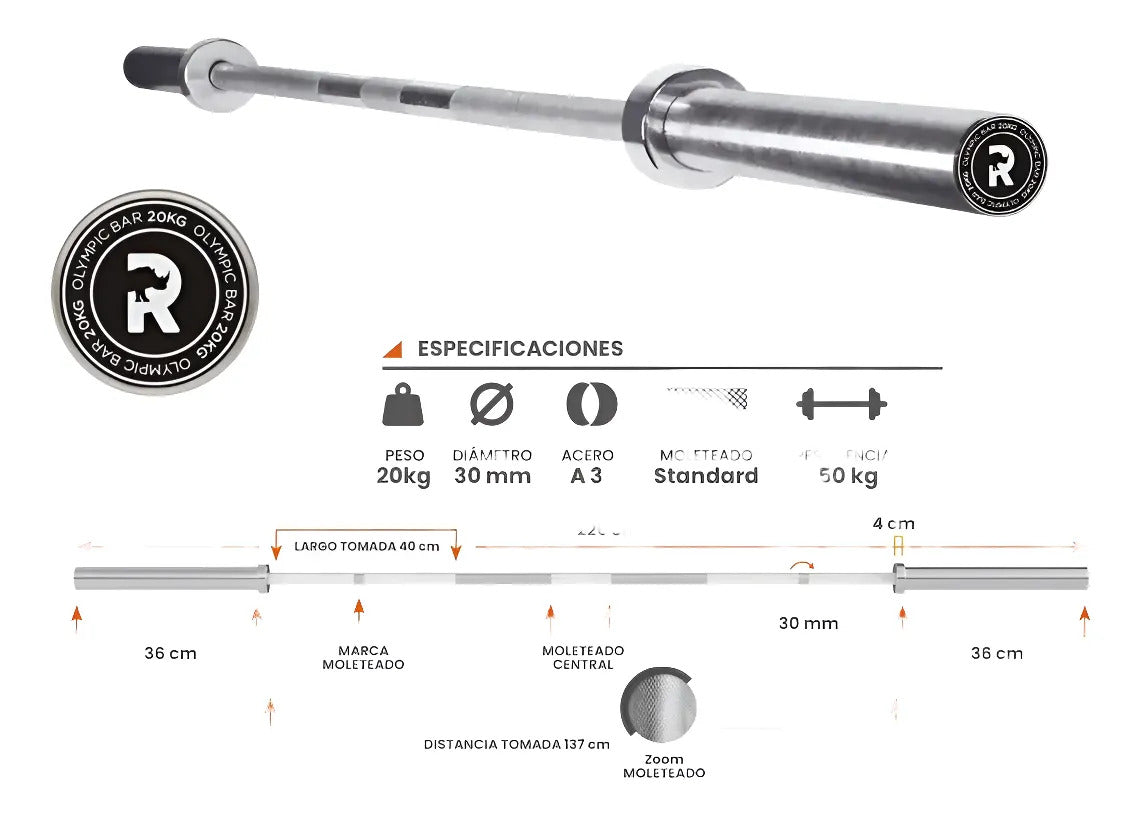 Barra Olímpica 2,2m Maciza 20kg Rhino - Plateado