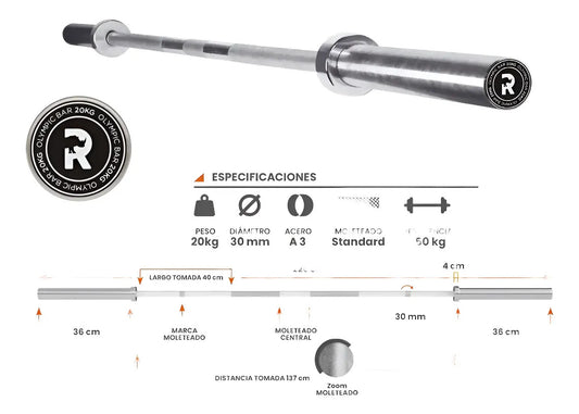 Barra Olímpica 2,2m Maciza 20kg Rhino - Plateado