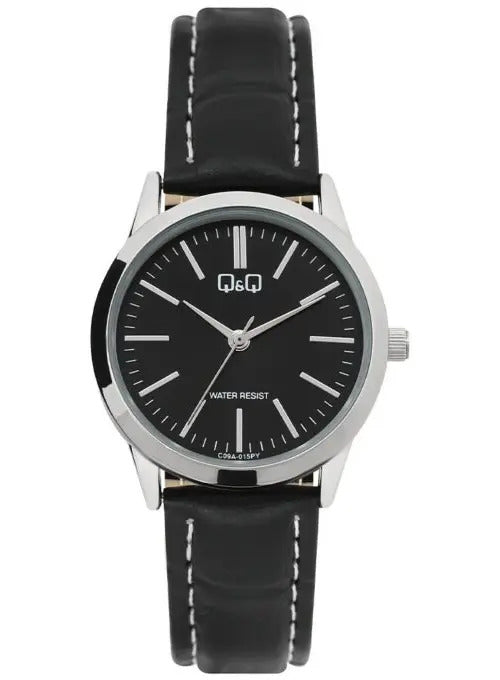 Reloj Q&q Cuero Dama 30mm C09a-015py - Plateado Negro