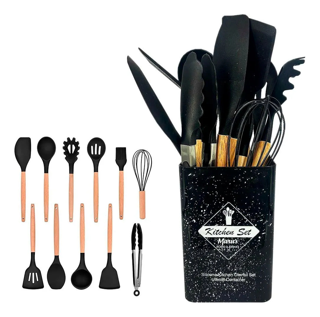 Set Menage 12 Pcs Silicona Y Madera Gris O Negro