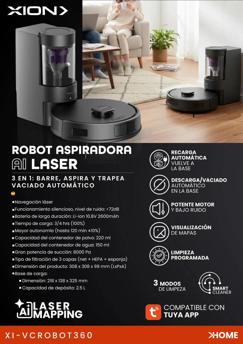 Aspiradora Robot Laser Xion Con Recolector Xi-vcrobot360 Qof Negro