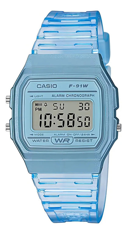 Reloj Casio Digital F-91ws-2d Digital Crono Alarma Celeste Transparente Celeste