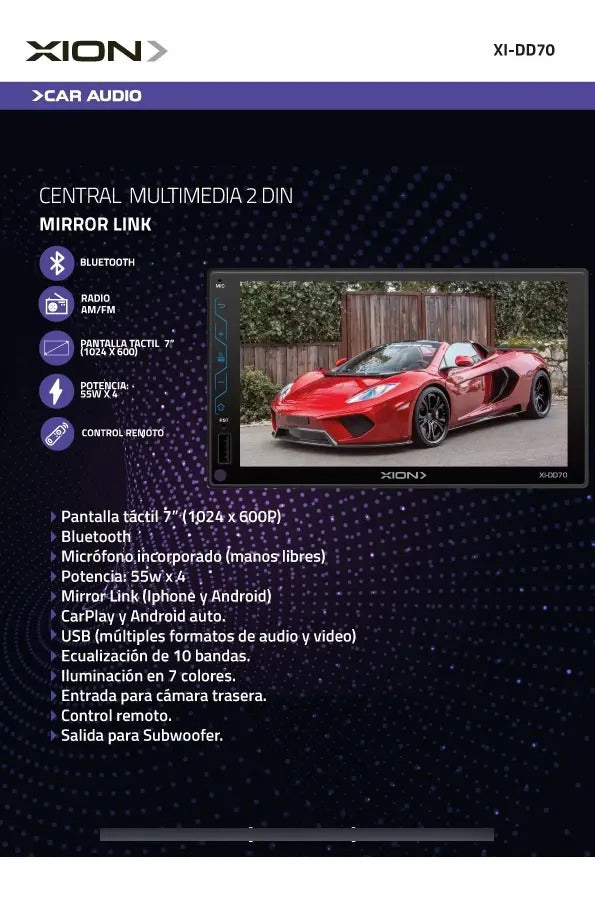 Auto Radio Pantalla Táctil 7'' Xion 2 Din Xi-dd70 Unico